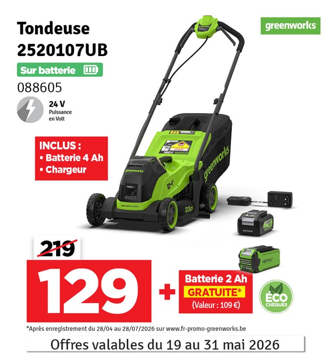 Tondeuse sur batterie Powerall 2520107UB 24 V 4 Ah GREENWORKS